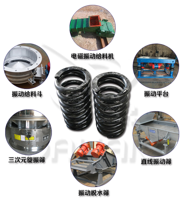 旋振篩減震彈簧適用產(chǎn)品：振動(dòng)給料機(jī)，電磁振動(dòng)給料機(jī)，振動(dòng)平臺(tái)，直線振動(dòng)篩，振動(dòng)脫水篩，三次元旋振篩。