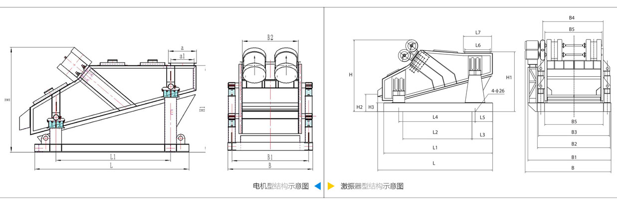 礦用振動篩電機振動式和激振器振動式的內部結構尺寸圖。