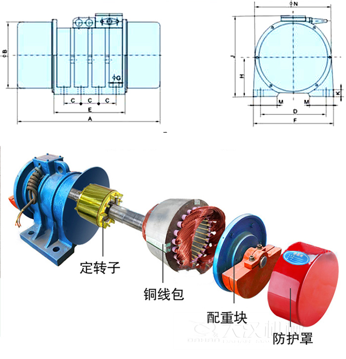 YZS振動電機(jī)內(nèi)部主要部件：定轉(zhuǎn)子，銅線包，配重塊，防護(hù)罩。