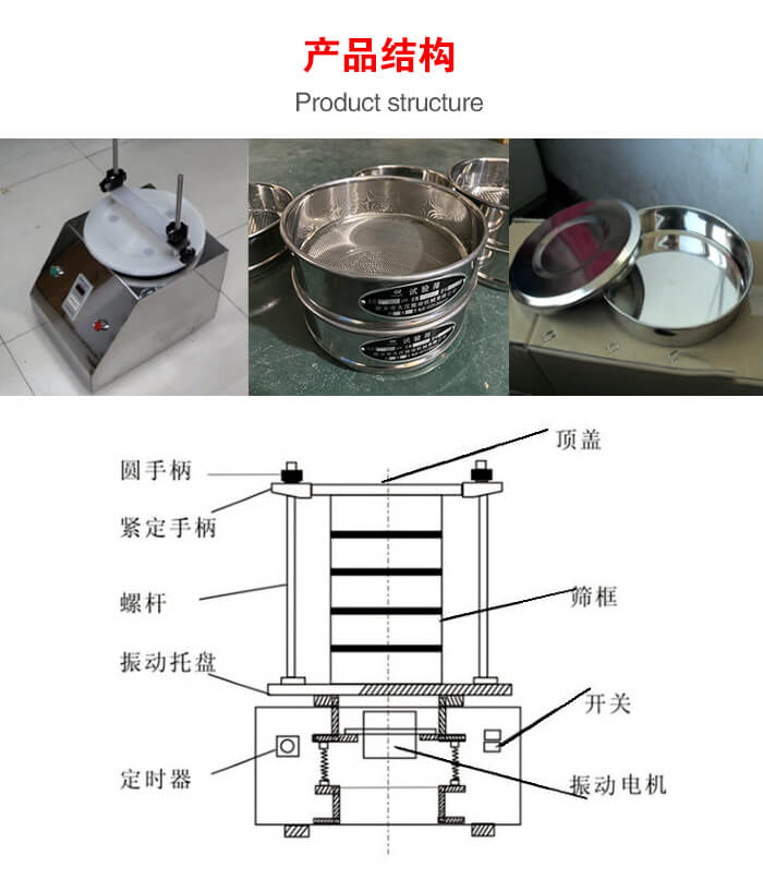 實(shí)驗室振動篩-試驗篩結(jié)構(gòu)主要由：圓手柄，緊定手柄，螺桿，振動托盤，篩框，頂蓋等。